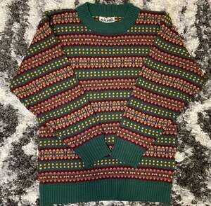 Vintage Michel Green Multi-Color Patterned Crewneck Knit Sweater Size S